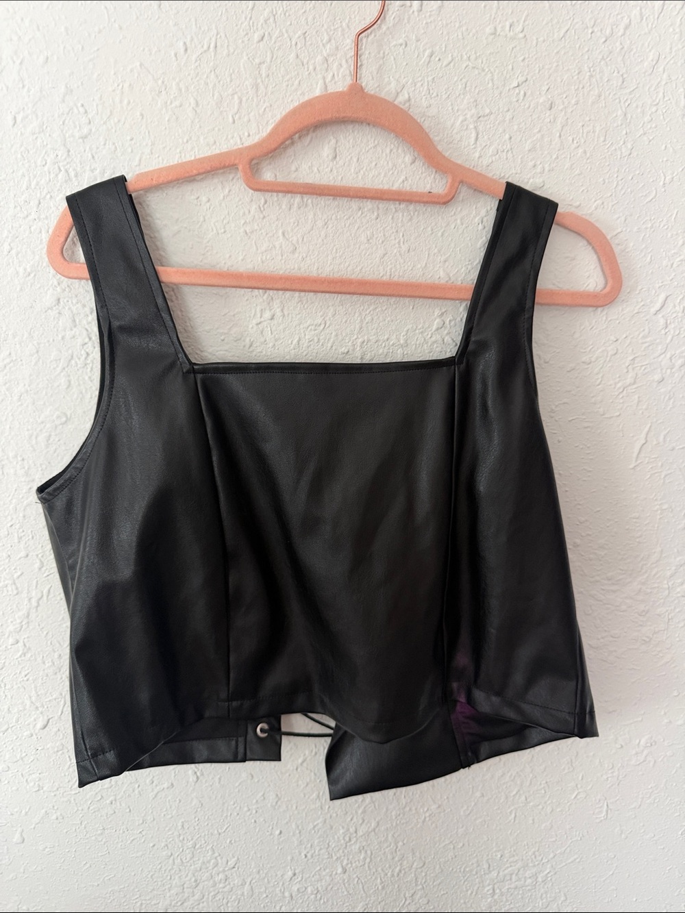 Buckle Black Faux Leather Square-Neck Crop Tank